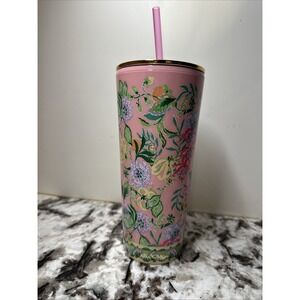 Lilly Pulitzer Double Wall Tumbler, Gold Lid Reusable Straw Insulated Pink Green